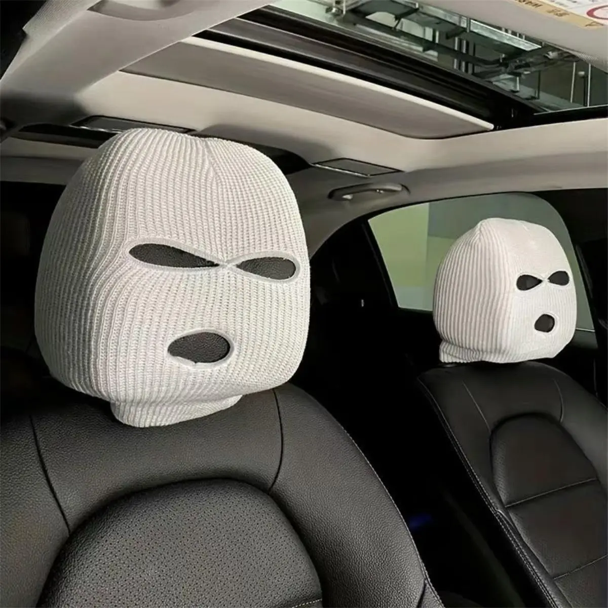 2-Piece Universal Car Headrest Covers, High-Quality Woolen Yarn Vehicle Car Interior Decoration, Winter Full-Face Funny Mask Protector, 7.7x16.5in, Car Interior Kit