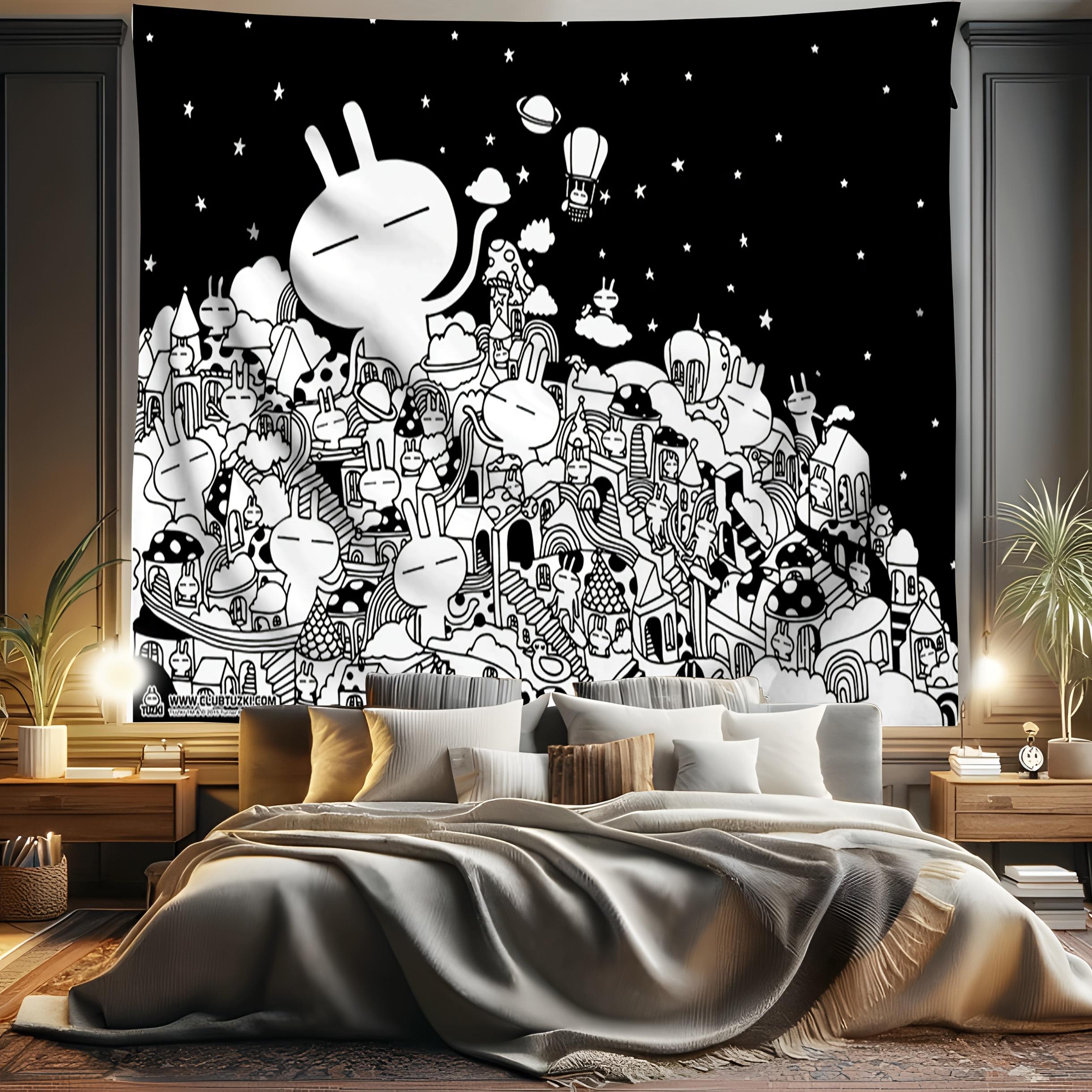 Black and White Minimalist Anime Tapestry - A group of cute characters with smiling, horizontal decoration, suitable dorm rooms, living rooms, office decor - Soft peach-beige, black and white line art, party backdrop, holiday decoration, furniture, minima