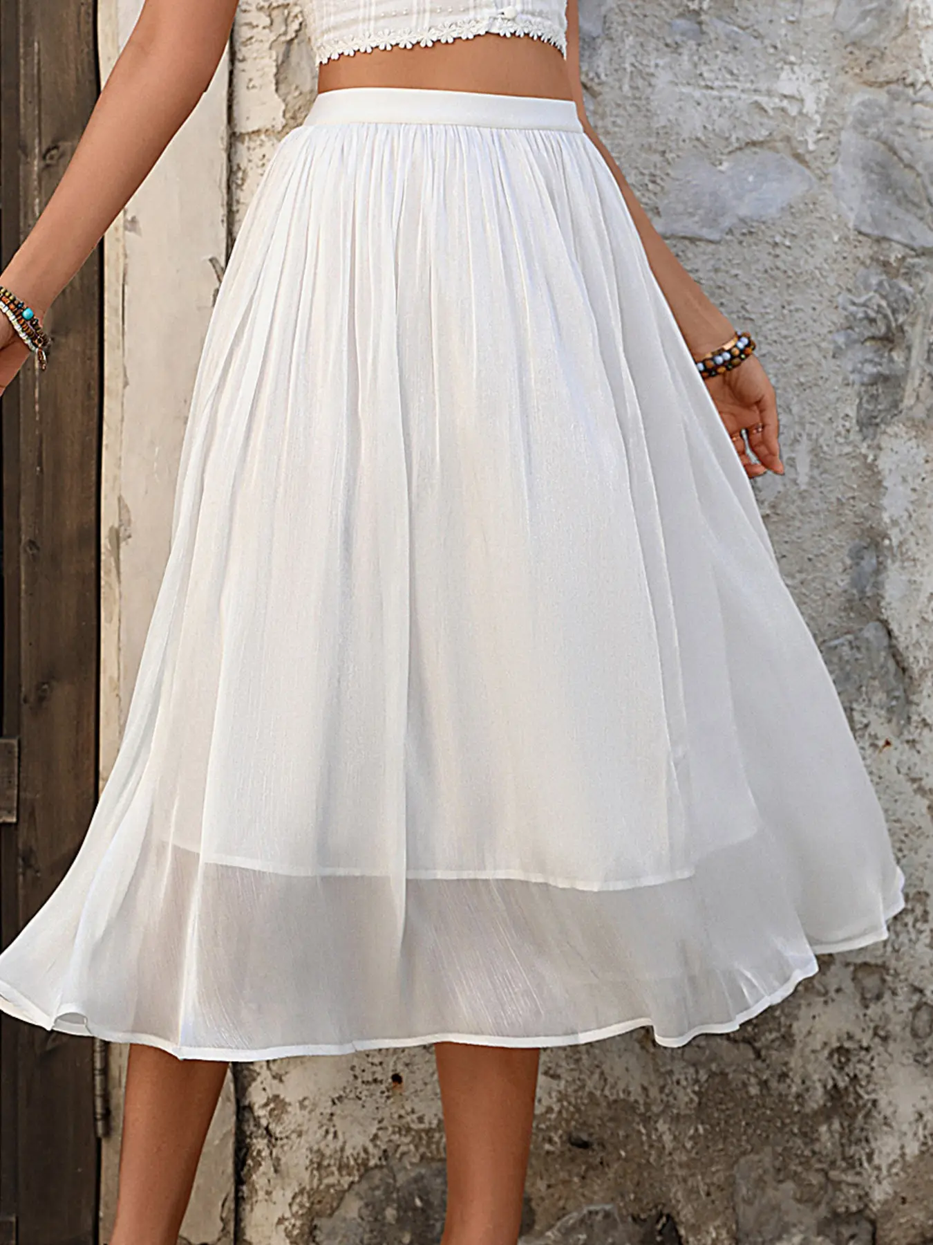New Women's High-Waisted Chiffon Midi Skirt, Lightweight Flowy A-Line Dress, Solid Color Long Umbrella Skirt, Summer Vacation