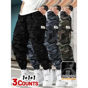3 Pack Men's Camo Cargo Pants, Big & Tall Lightweight Breathable Multi-Pocket Joggers