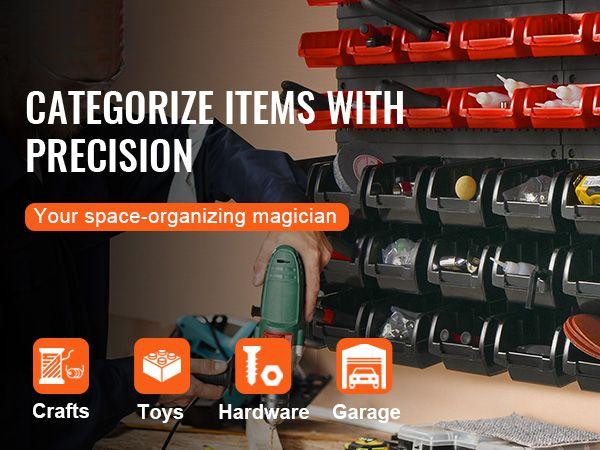 Wall Mounted Storage Bins, 48-Bin Parts Rack Organizer Garage Plastic Shop Tool with Wall Panels, Tool Organizer for Nuts, Bolts, Screws, Nails, Beads, Buttons, Other Small Parts, Black and Red