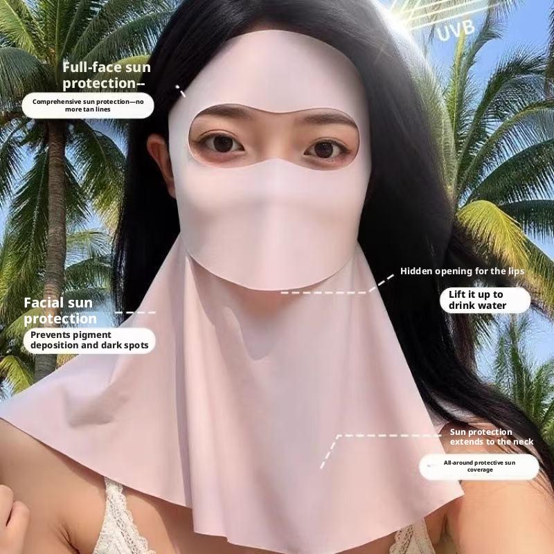 2026 New Model: Women's High-Style Sun Protection Mask with UV Protection, Neck Guard, and Water-Drinking Feature, Made of Ice Silk for Summer, Full-Face Mask