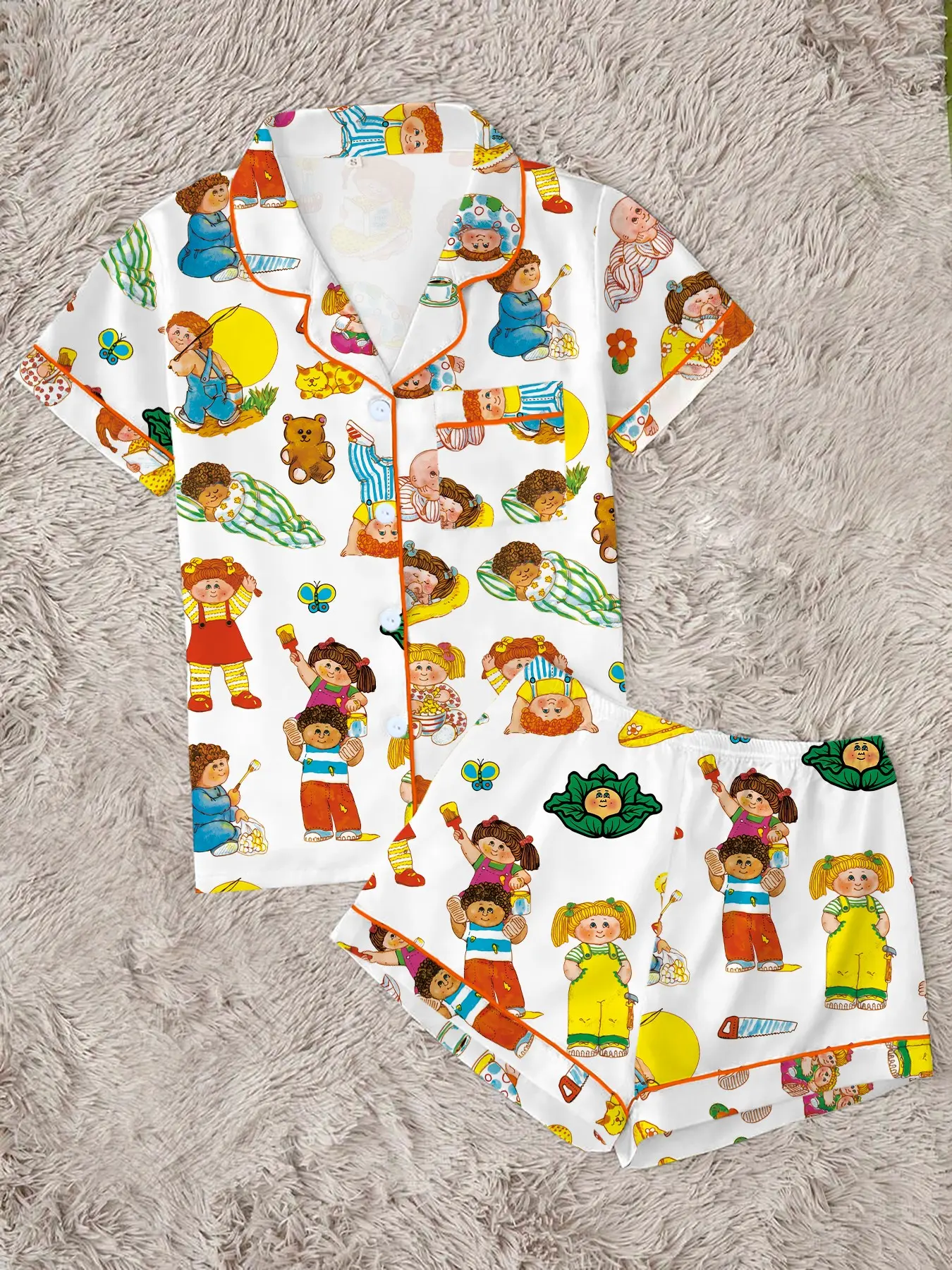 Trendy 80s Nostalgic Vintage Doll Pajama Set | Retro Baby & Cabbage Print Sleepwear | Soft Short Sleeve Button Down Lounge Outfit with Orange Piping | Cute 2-Piece Summer PJs | Kidcore Nightwear
