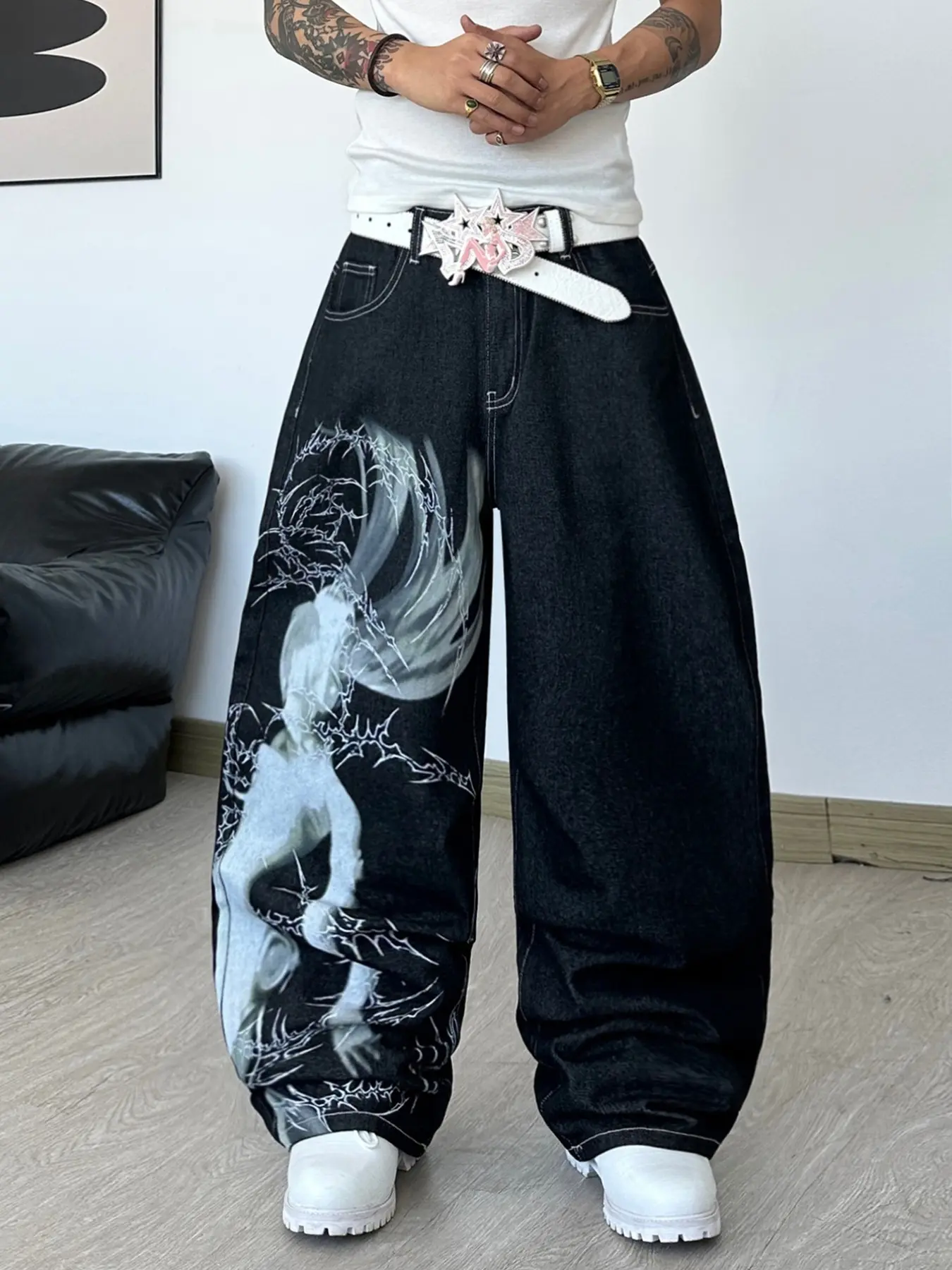 Anime Girl Print Men's Wide Leg Loose Denim Jeans, Y2K Hip Hop Street Style, All Seasons, Multiple Sizes Available, No Belt Included