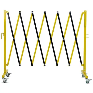 11-Foot Expandable Metal Barricade, Black and Yellow, Folding with Lockable Wheels, Warning Board, Anti-Slip Base
