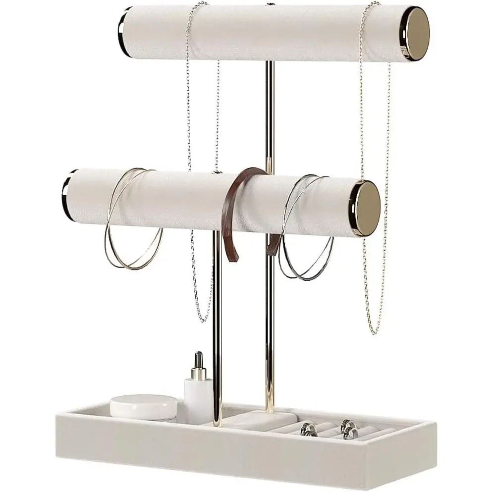 Beige 2-Tier Jewelry Box Organizer with Detachable Ring Tray, Necklace Bracelet Racks, Scrunchie & Watch Storage Holder (Home Organizer for Accessories)