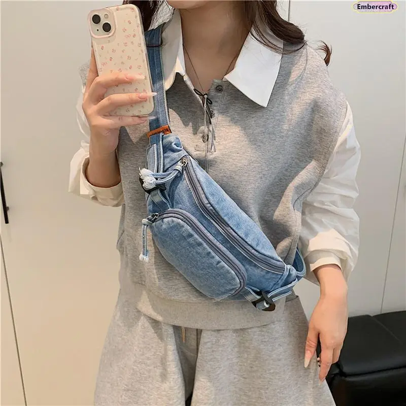 Women's Japanese Style Crossbody Bag, Large Capacity Preppy Washed Denim & PU Leather Fanny Pack with Adjustable Strap and Zipper, Crossbody Bags For Women, Belt Bag