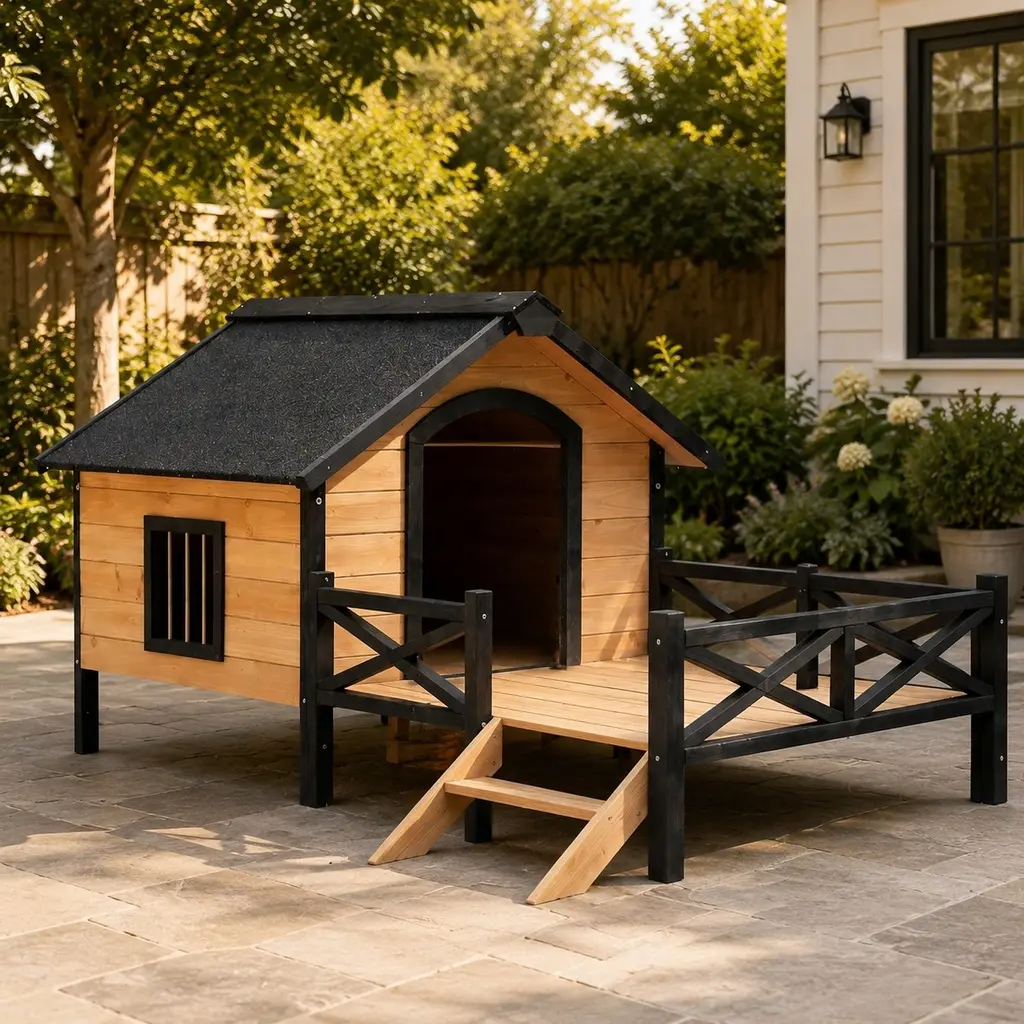 Outdoor Large Wooden Dog Kennel House with Porch for Extra Large Dogs, Fir Wood Construction, Water-Proof Paint, Multiple Color Options, Easy Assembly, Pet Shelter for Backyard Use