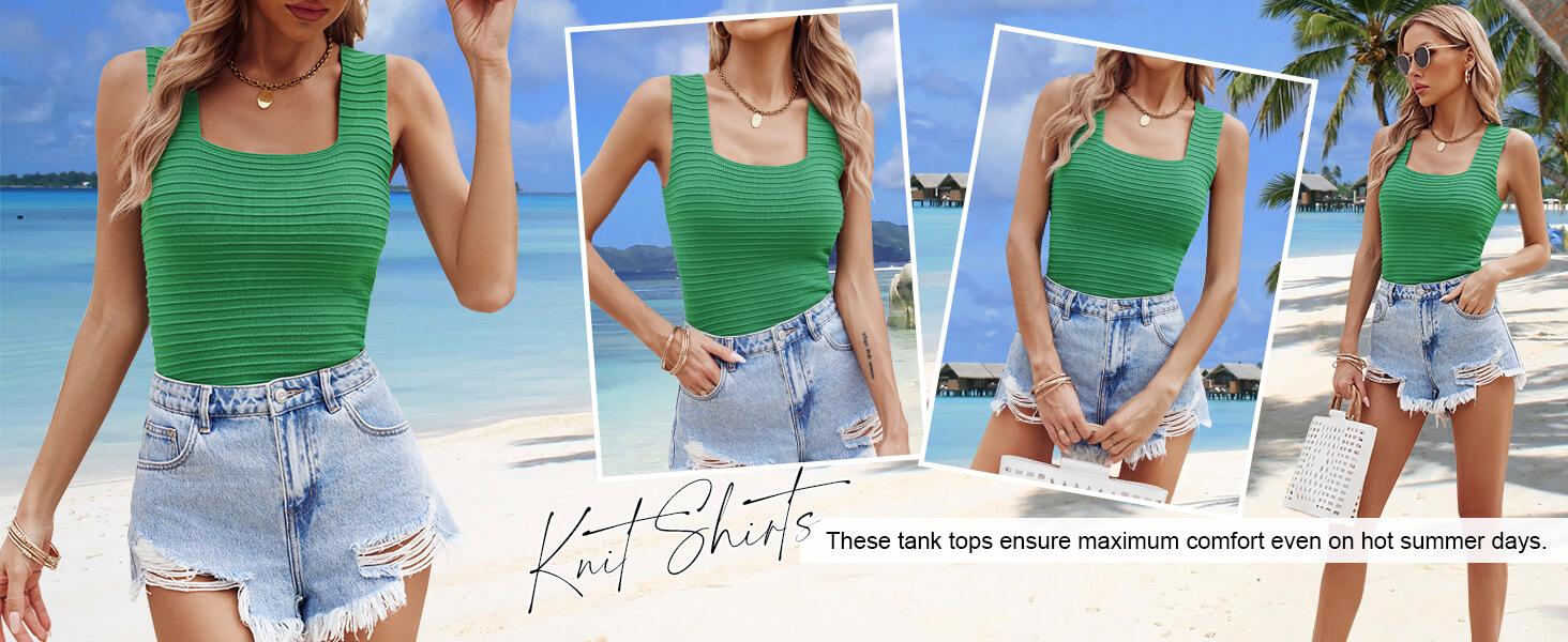 Womens Ribbed Tank Tops 2026 Summer Sleeveless Square Neck Shirts Casual Slim Fitted Knit Shirts for Beach & Workout Premium Fabric Low-Cut Square Neck Sleeveless Design - Womenswear, Basic
