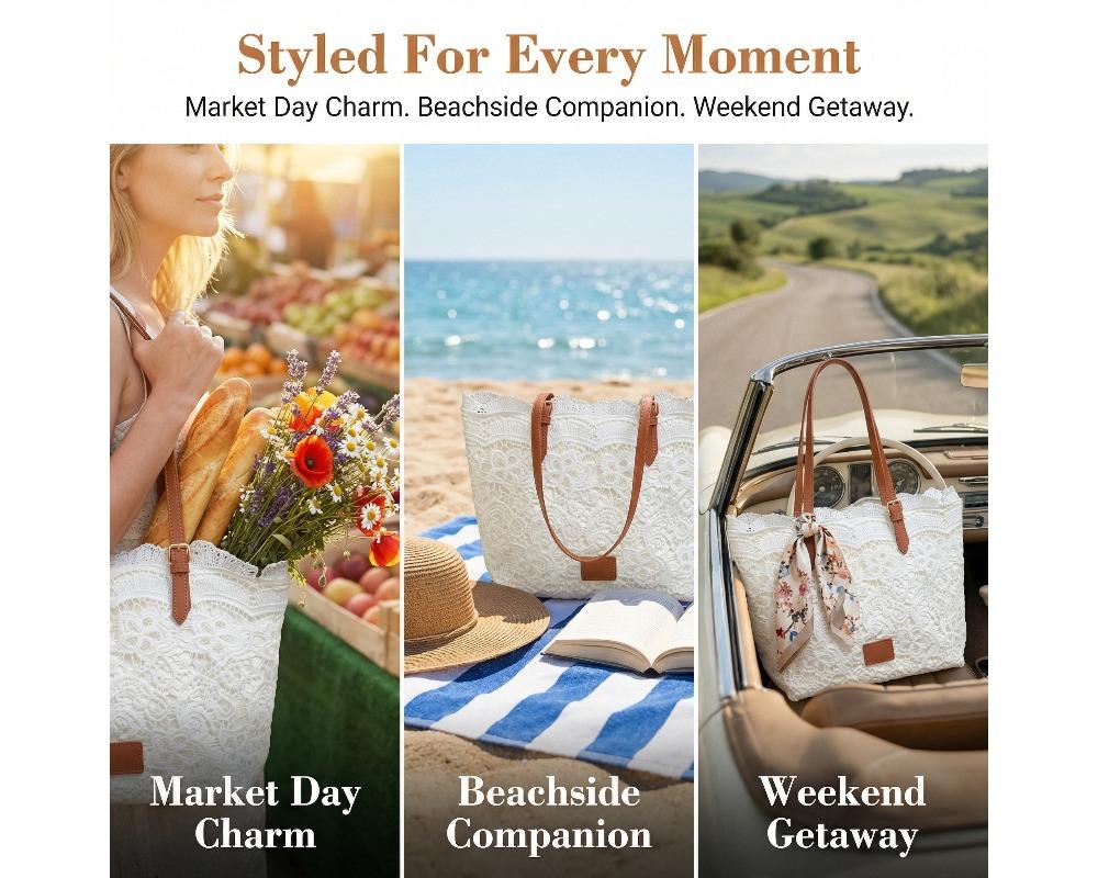 Women’s French Lace Hollow Tote Bag Large Capacity Shoulder Purse Adjustable Leather Straps Minimalist Floral Aesthetic Handbag Available in Versatile Summer Tote