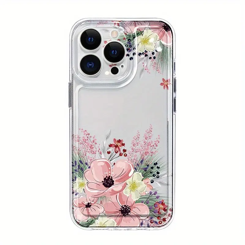 Pink Wildflower Print Clear Phone Case for iPhone 17/16/15/14/13/12/11 Pro Max Plus Air – Shockproof Clear TPU Aesthetic