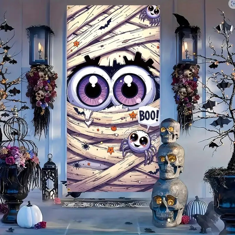 Halloween Welcome Door Banner, Mummy Theme Horror Cartoon Design, Durable Polyester, Indoor/outdoor Decor, Fun Festival Decoration