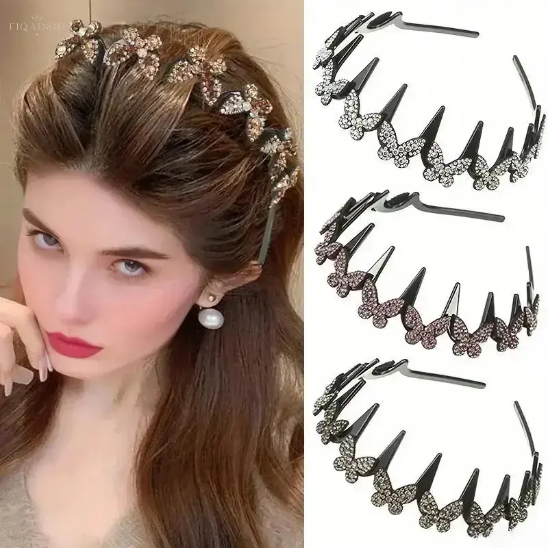 Women's Rhinestone Butterfly Teeth‑shaped Headband, Trending Non‑slip Hair Hoop, Vintage Black Curved Hair Holder, Sparkly Crystal Decorated Hair Accessory For Daily Styling, Party Make‑up And Casual Outdoor Wear