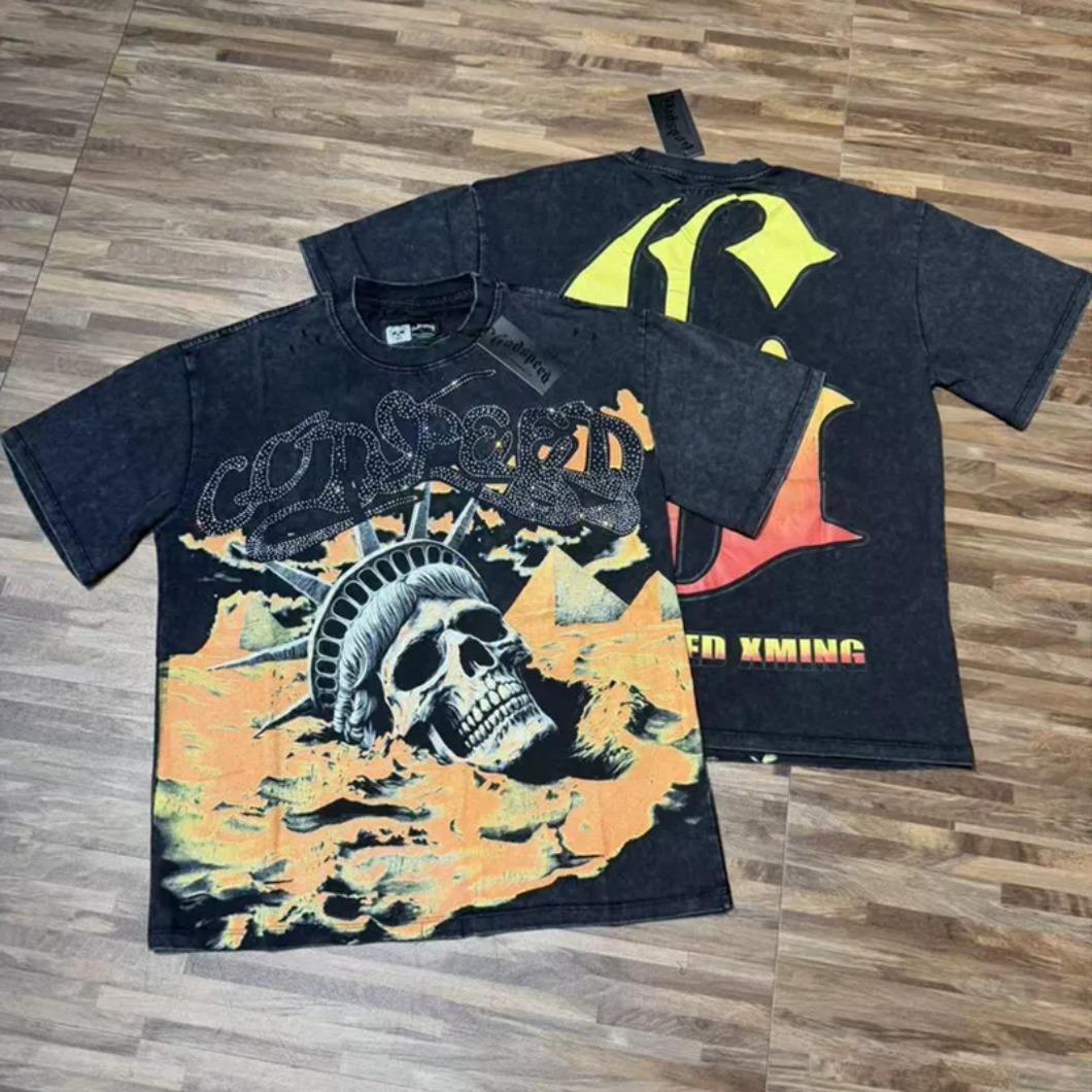 Real Photo Original Label Ripped Hot Drill Godspeed Short Sleeves T Shirt American Cotton Vintage Washed Rhinestone Bling Oversized Loose Unisex Round Neck Streetwear Hip Hop Y2K Casual Tops Tees With Tags For Men Women