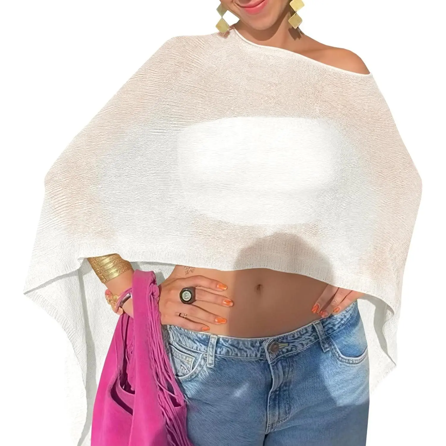 Women Sheer Poncho Top Lightweight Knit Crochet Summer Shrug Bolero Off Shoulder Going Out Beach Cover up