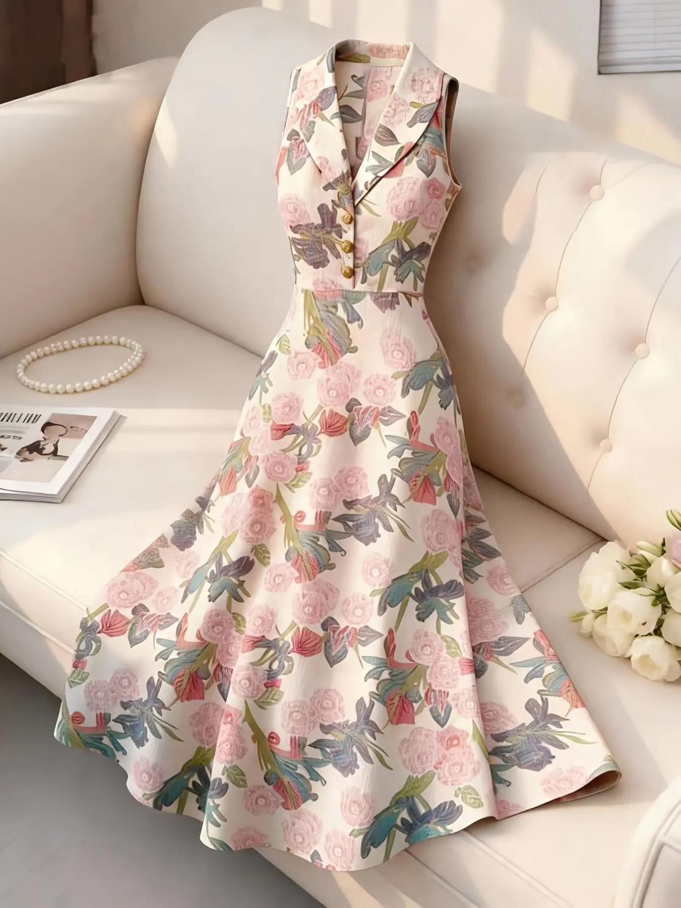 French Print Sleeveless Suit Dress, Waist Cinch Slimming A-Line Floral Gentle Elegance Midi Dress, Women's Fashionable Long Dress Fit, A Line Dresses