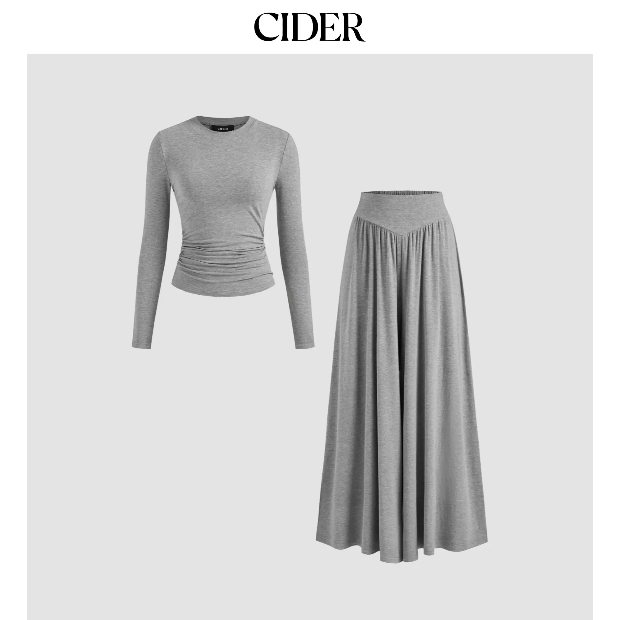 Cider [size 2-10] Round Neckline Solid Ruched Long Sleeve Top & Mid Rise Ruffle Hem Maxi Skirt Set