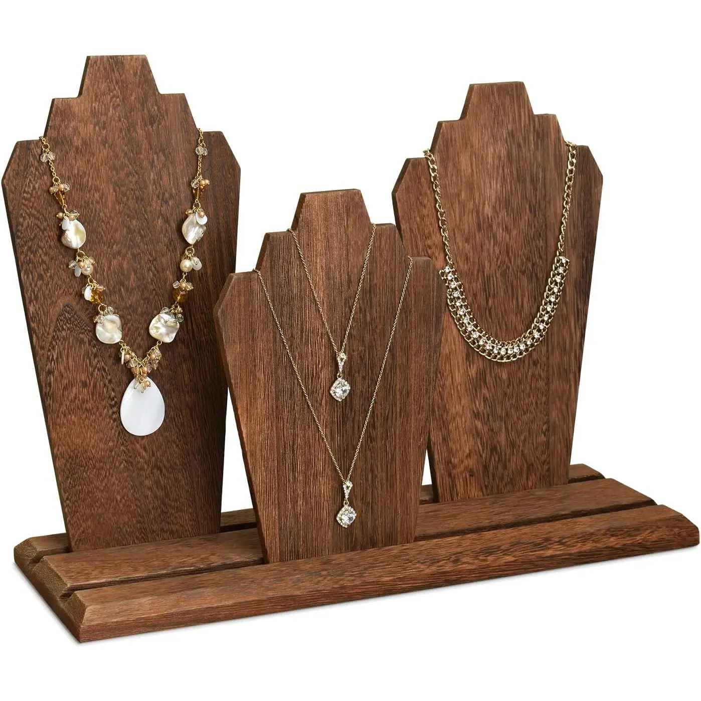 Portable Lightweight Multiple Wooden Necklace Display Stand with 2-Row Holder, 3 Removable Displays, and Pegs on the Back, Brown Color