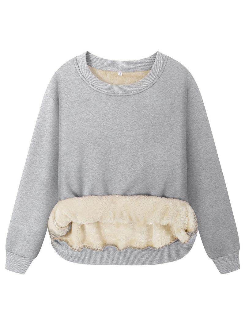 Women's Solid Drop Shoulder Fuzzy Sweatshirt, Casual Long Sleeve Round Neck Pullover, Women's Warm Fall & Winter Clothes for Daily Wear