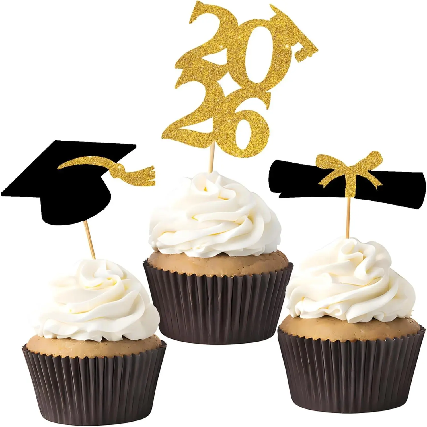 Bamboo Insert Glitter Cupcake Toppers - 36PCS (12 Per Set), Black Diploma Grad Cap Mini Cake Decorations for Class of 2026/2027 Food Dessert Use, Graduation, 36 Pieces, 12 Toppers Each