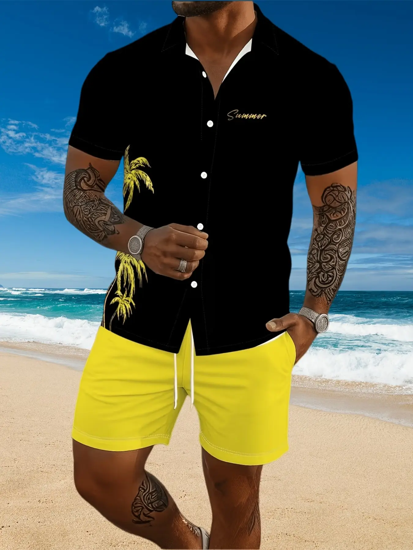 Summer Vacation Style Printed Short Sleeve Shirt + Drawstring Shorts Two-Piece Set, Casual Fitted H-Type, All Seasons