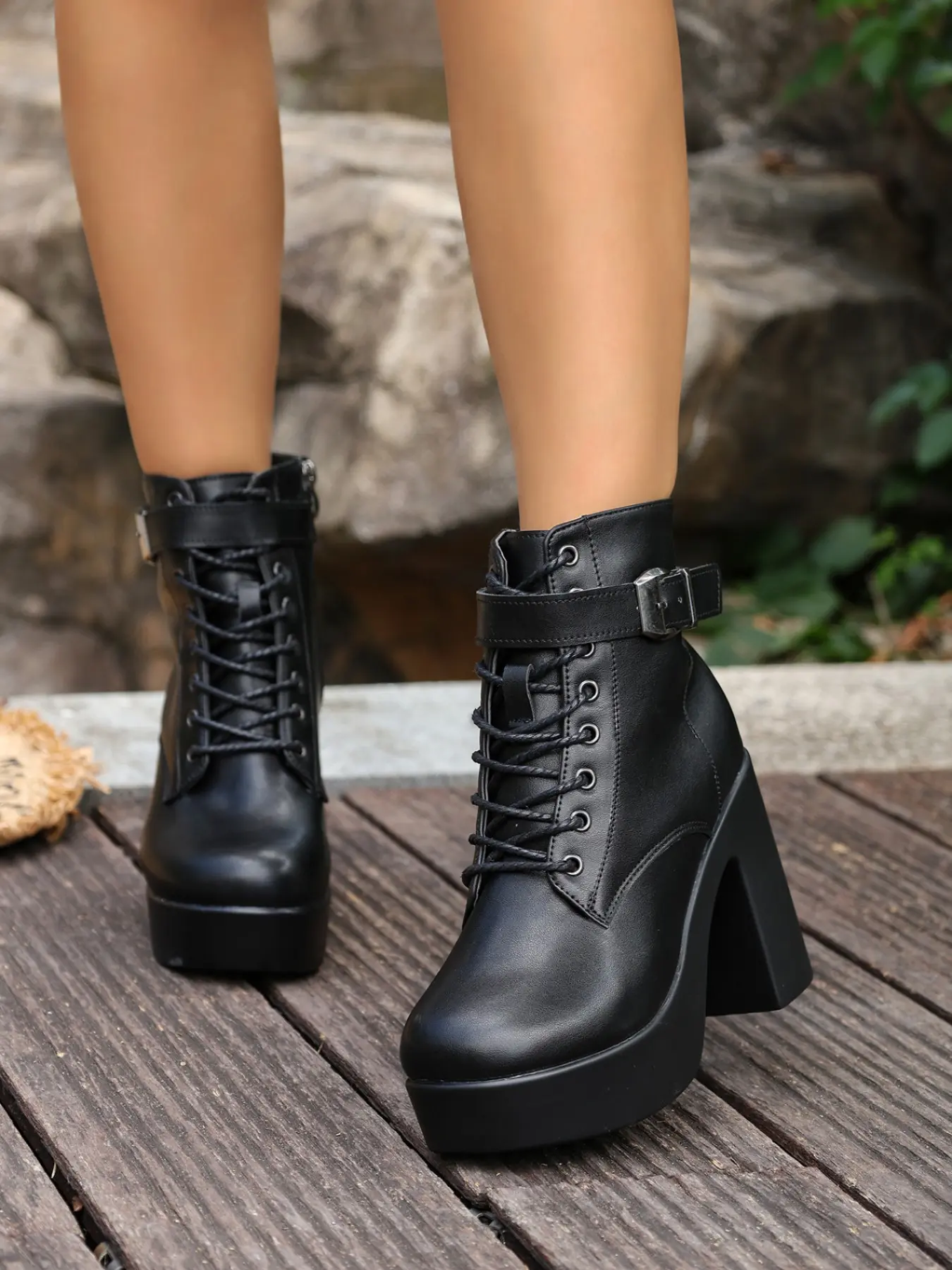 Bold Chunky Heel Motorcycle Boots, Matte PU Leather, Metal Anklet Buckle, Front Laces & Side Zip, Waterproof, /, Versatile Style