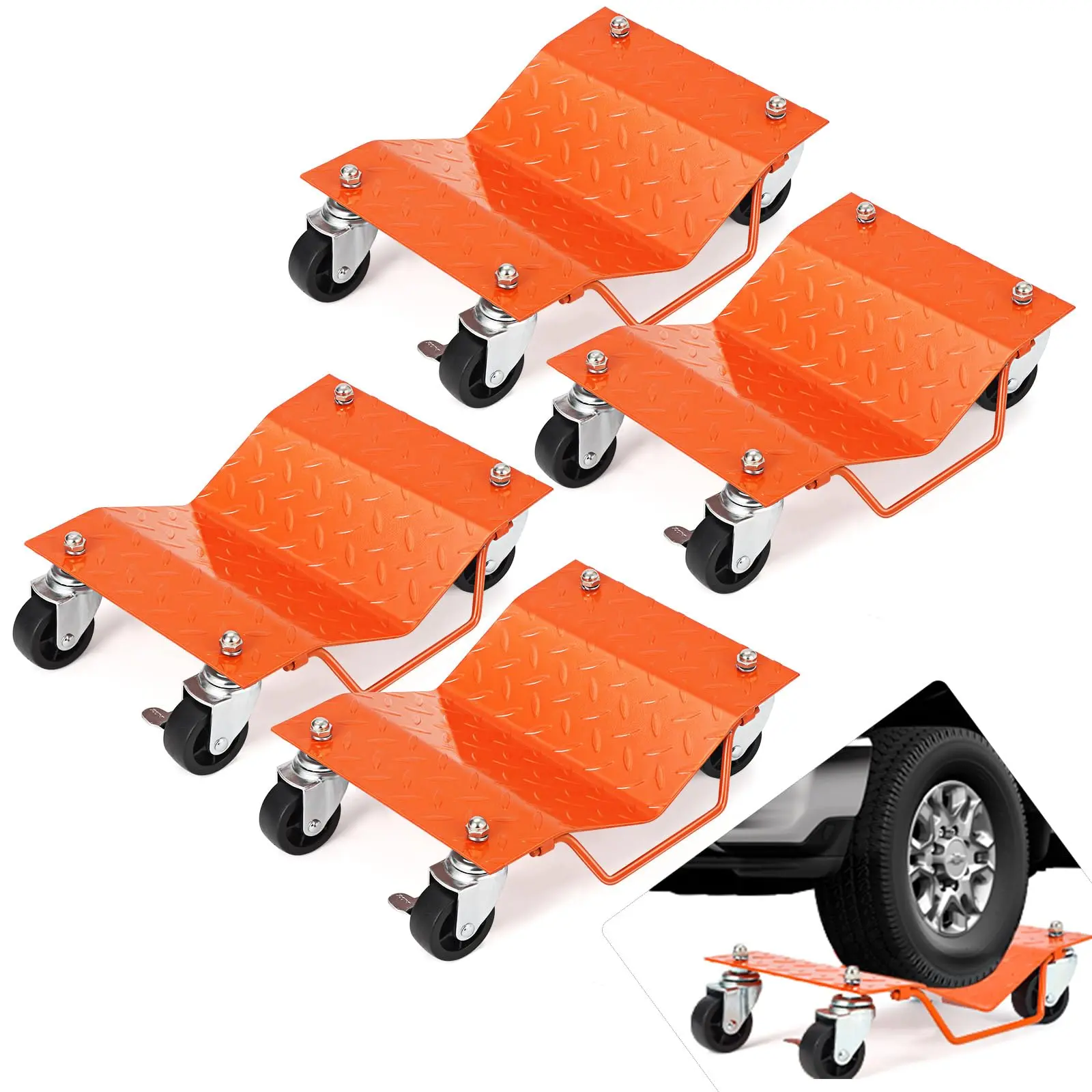 GARVEECar Dolly Sets available in 2 or 4 pieces, featuring rotating wheels and high capacity for moving vehicles safely and efficiently, with options supporting 3000 LBS and 6000 LBS load capacity respectively.
