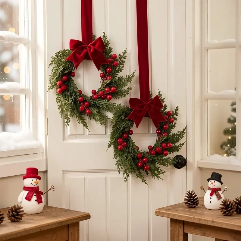 Artificial Mini Christmas Wreath 10 Inch, Winter Greenery with Berries and Velvet Bow, Front Door Holiday Porch Wall Decor