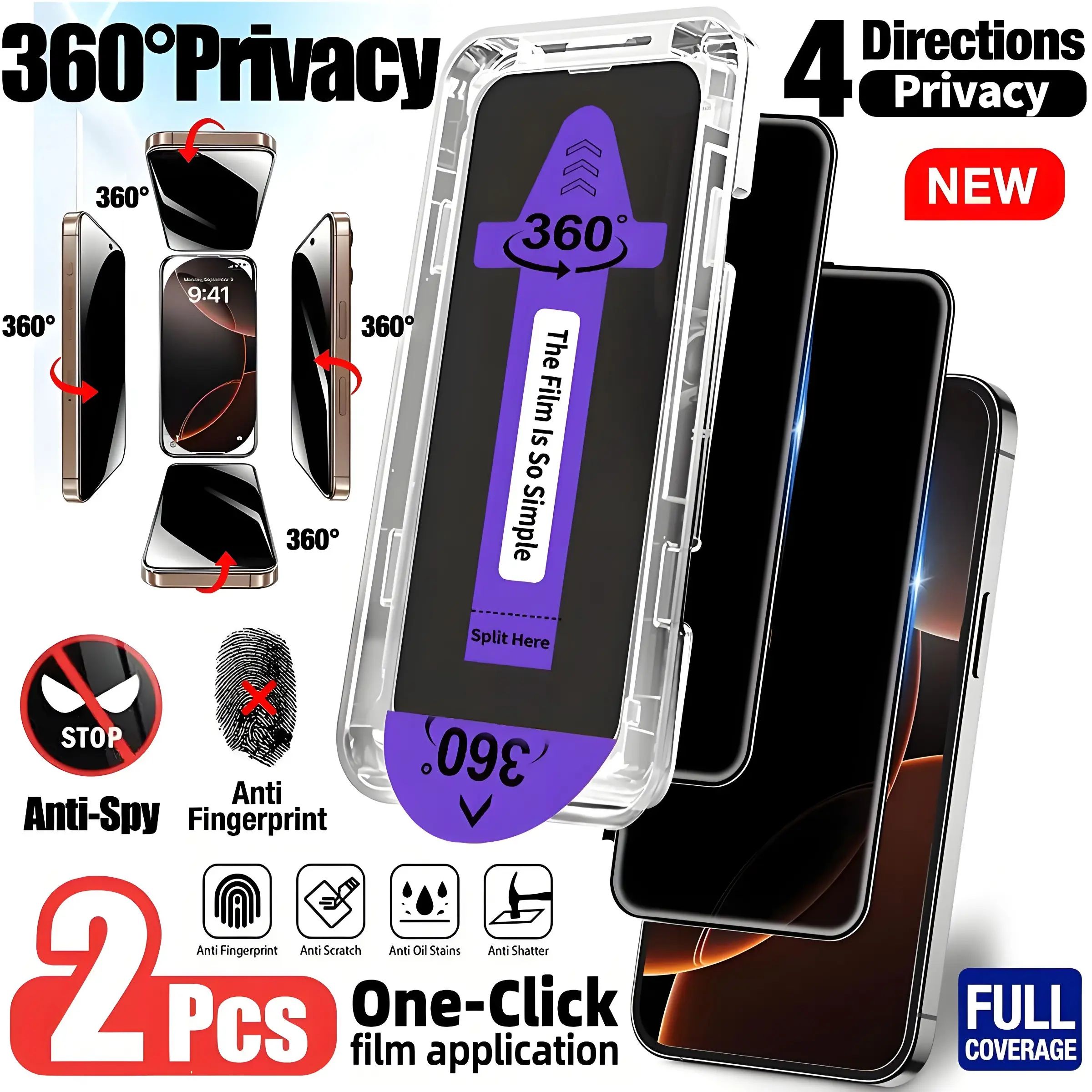 2pcs 360 Degree Privacy Tempered Glass Screen Protector Applicator Kit Auto-Alignment Compatible with iPhone 17 Pro Max/17 Pro/17/16 Plus/15/14/13/12/11, Full Coverage, Anti-Fingerprints, 9H Hardness, Cellphone Accessory