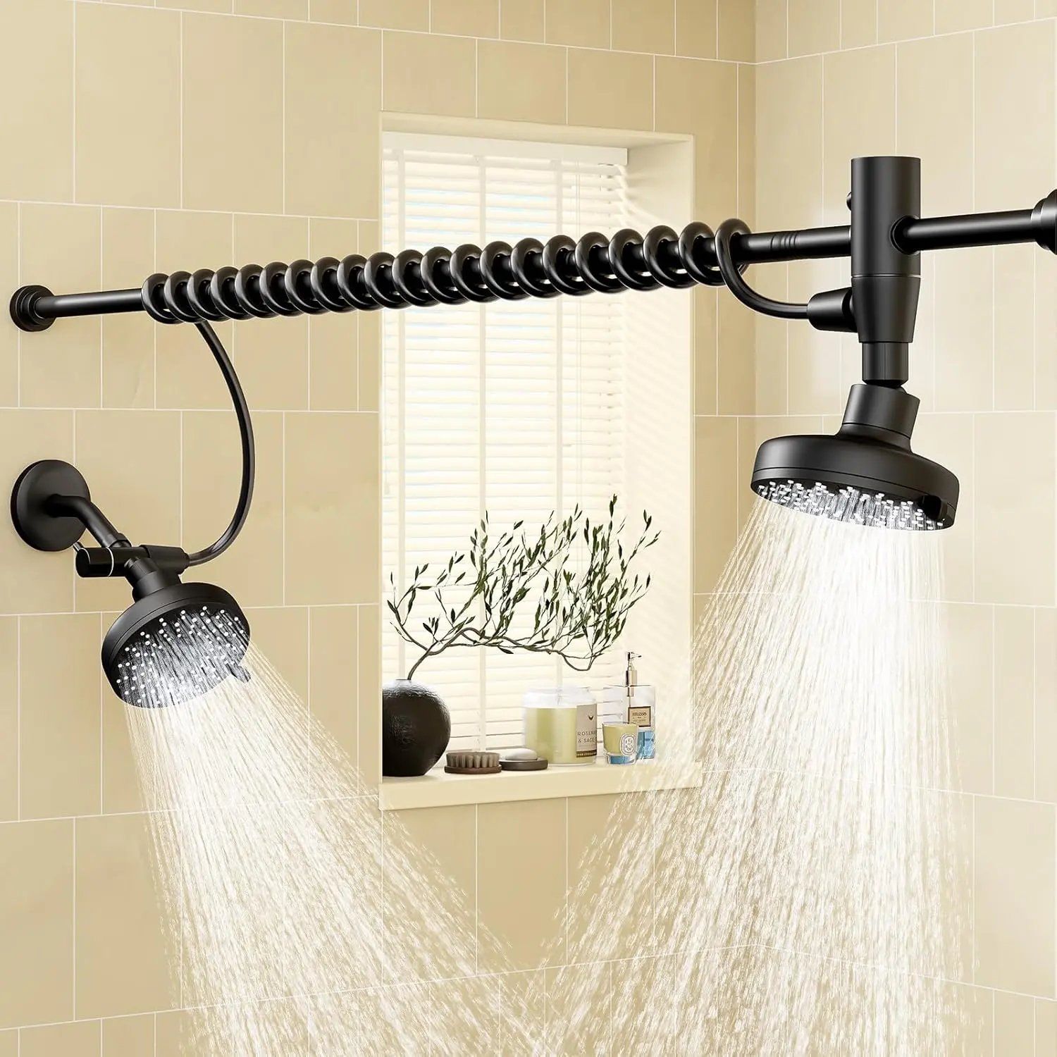 Dual High Pressure Double Shower Head System with Adjustable Slider, Renter-Friendly 2 Showerhead for Couples, SPA-like Black Shower Head Gift for Women Men