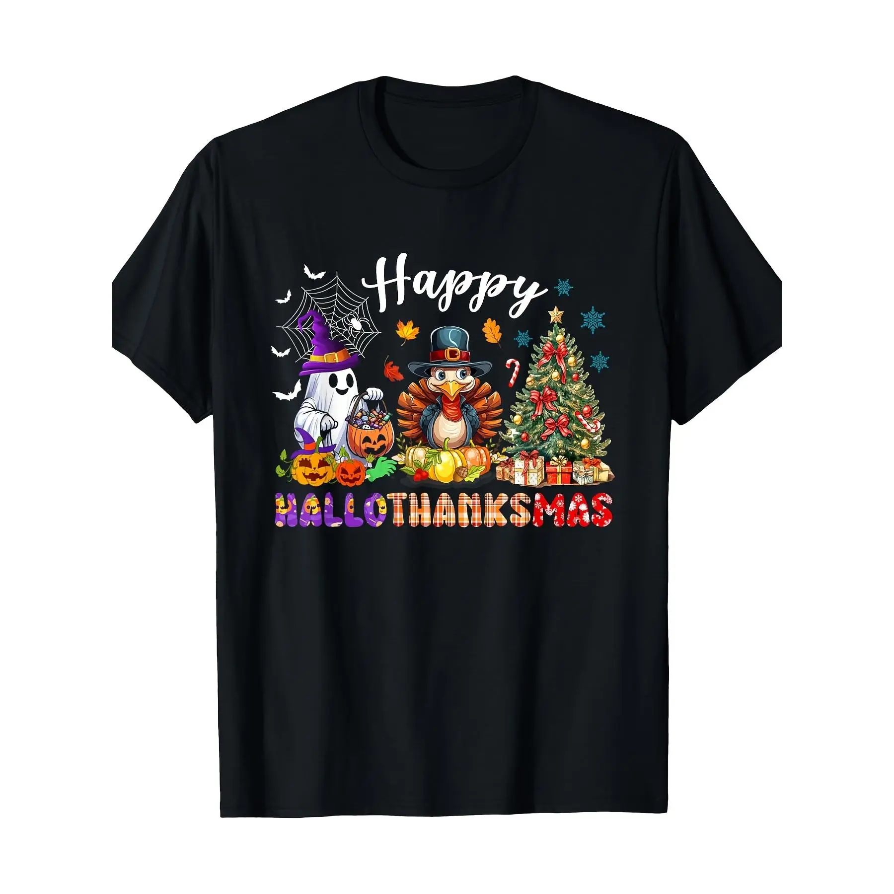 Men'S Funny Full Body Print Happy Hallothanksmas T-Shirt, Compatible for Halloween Thanksgiving Christmas Parties, Casual Crew Neck Short Sleeve Holiday Shirt for Year-Round Wear (Machine Washable)