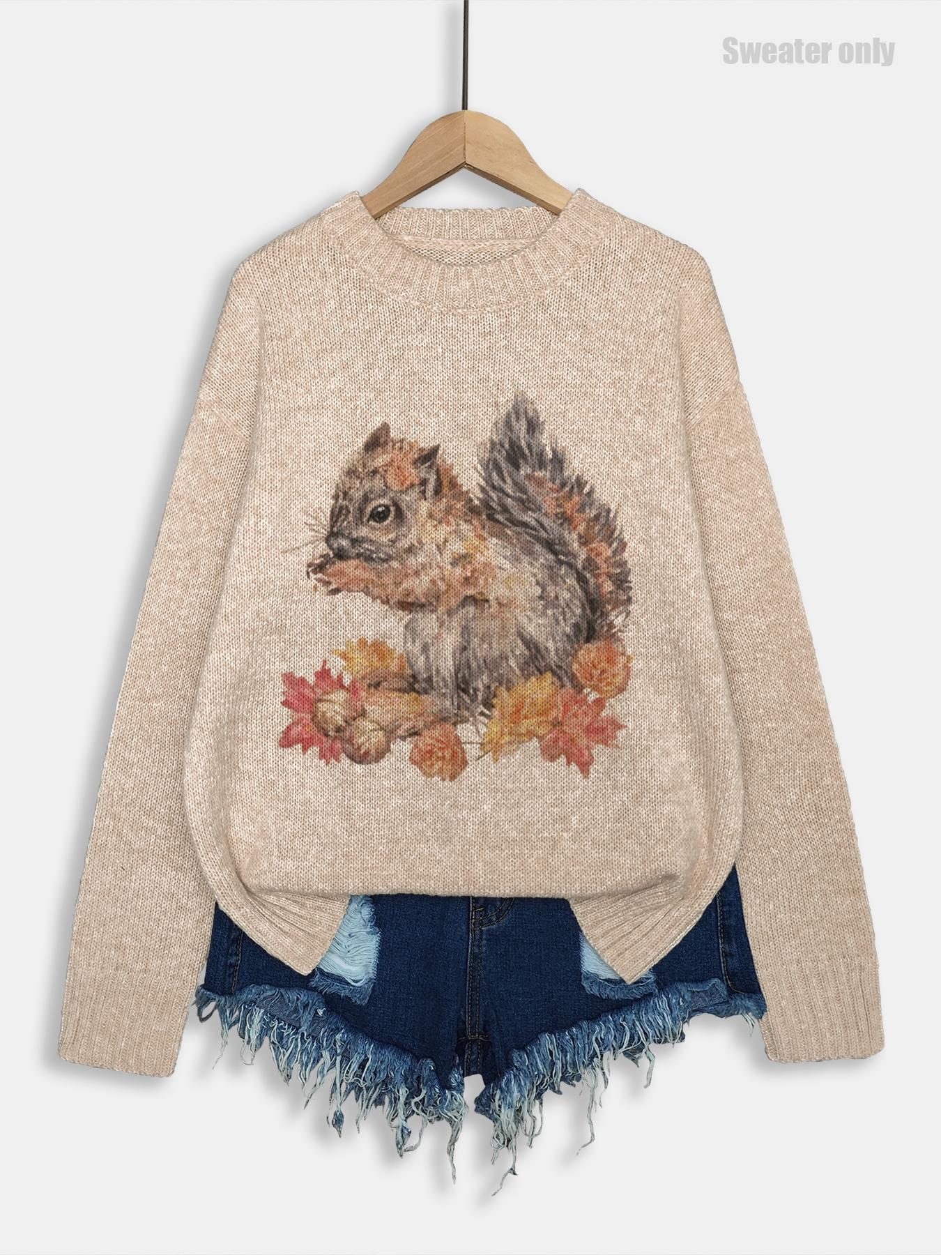 Women's Round Neck Cartoon Squirrel Print Sweater Knitwear, Loose-Fit Casual Knitted Pullover for Fall & Winter, Comfortable Daily Wear