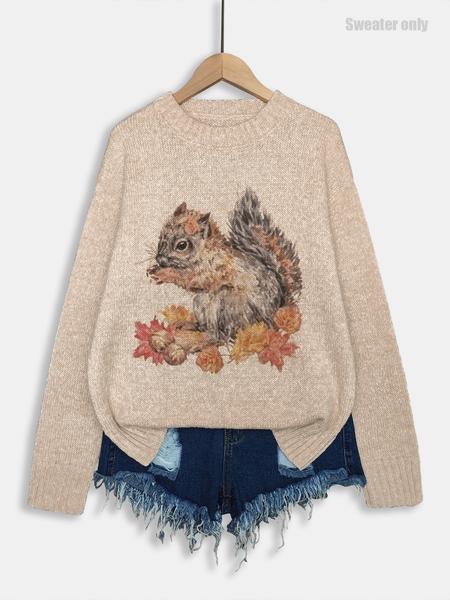 Women's Round Neck Cartoon Squirrel Print Sweater Knitwear, Loose-Fit Casual Knitted Pullover for Fall & Winter, Comfortable Daily Wear