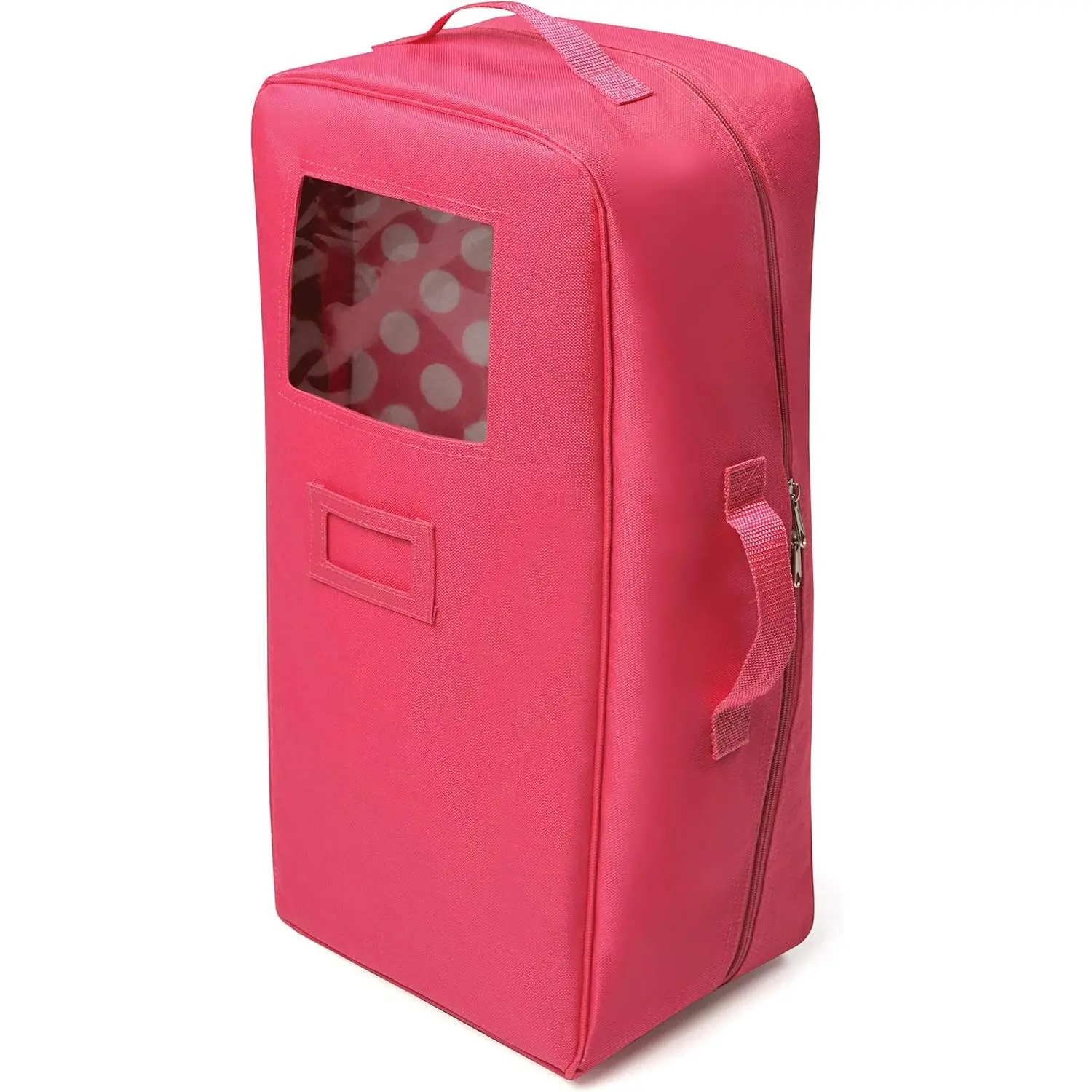 Doll Travel Case with Bed, Blanket, Pillow, Mesh Storage & Peek-a-Boo Window - Fits Girl Dolls - Portable Luggage Carrier with Straps for Pretend Play & Accessories - Hot Pink