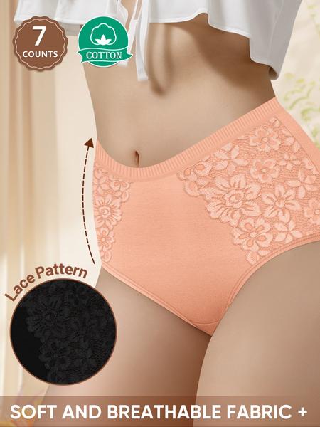 7 Pack Cotton Women's High Waist Briefs with Lace Trim, Soft Breathable Shaping Underwear for All Seasons, Comfortable Fitted Women's Panties