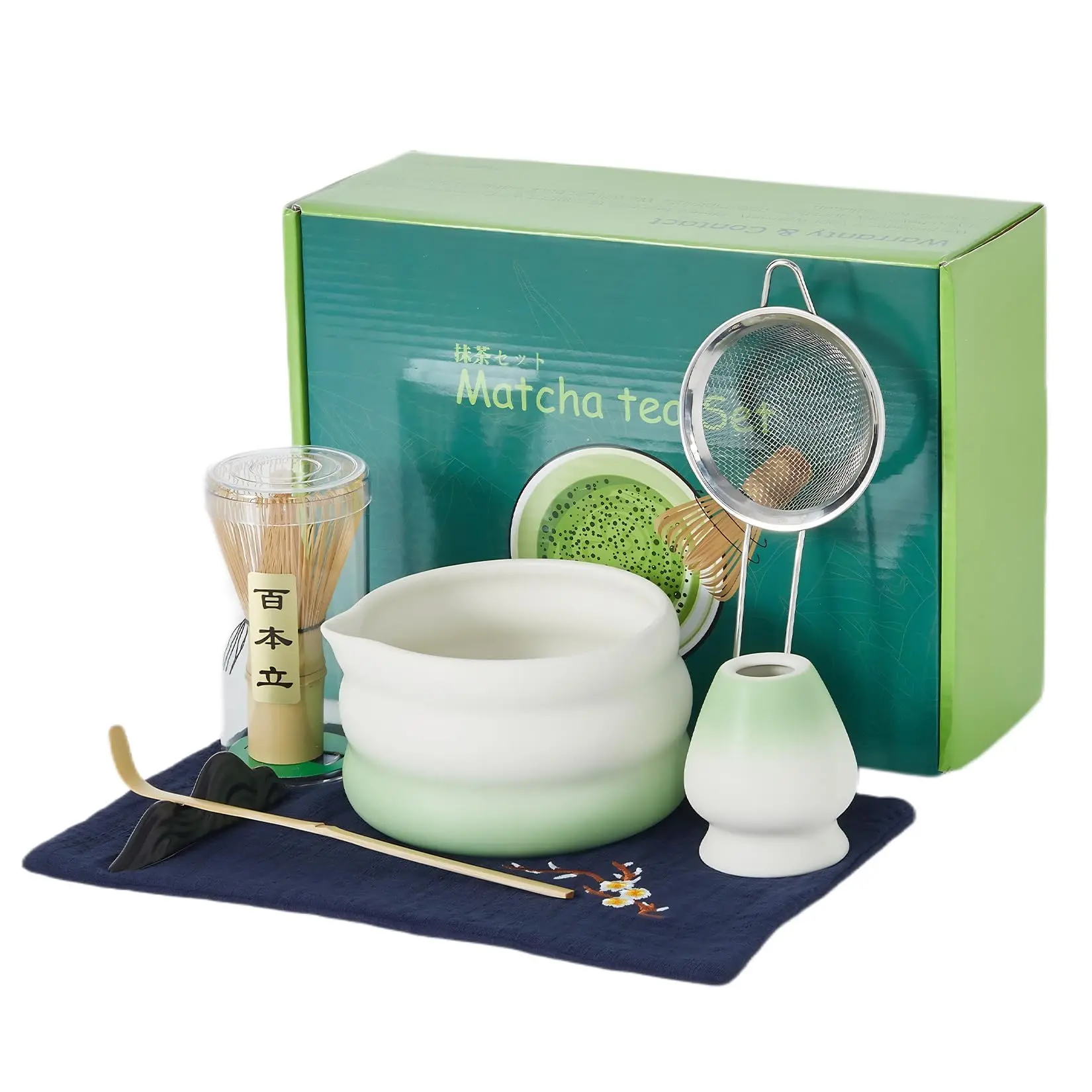 Garvee 7-Piece Matcha Whisk Set with Ceramic Bowl, Bamboo Whisk & Holder, Scoop & Rest, Stainless Steel Sifter, and Tea Towel – Complete Matcha Kit for Tea Enthusiasts in White & Green