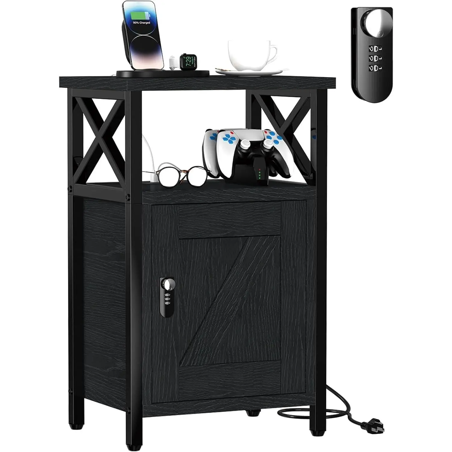 Wooden Nightstand with Charging Station, Bed Side Table with Drawers, Bedside Table with Lock, 3 USB & 2 Outlets, Night Stand with Cabinet Storage, End Table for Bedroom, Black
