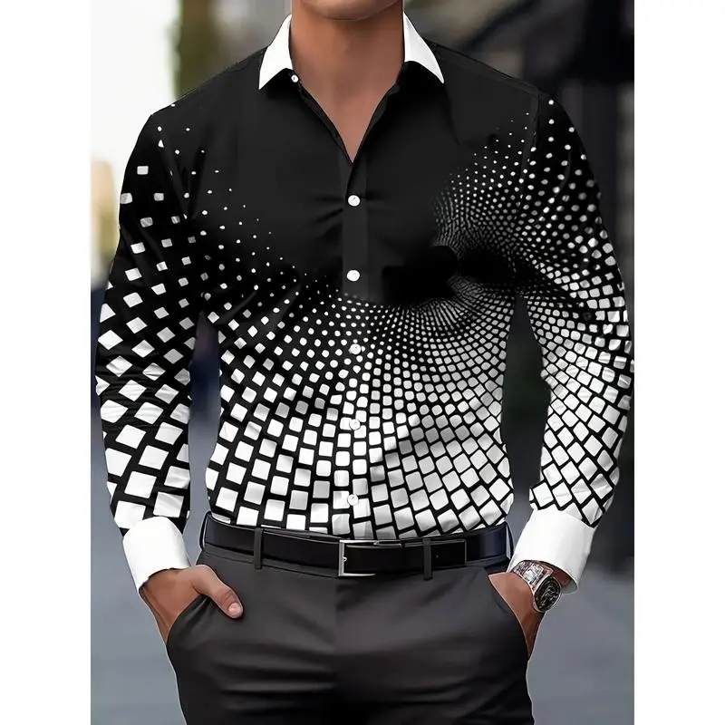 Men's Stylish Black & White Geometric Print Button-Up Shirt - Breathable Long Sleeve Casual Dress Shirt for Spring/Fall, Polyester Fabric, Eye-Catching Design, Autumn Fashion Top |   Modern Casual Shirt |   Smooth Texture Shirt