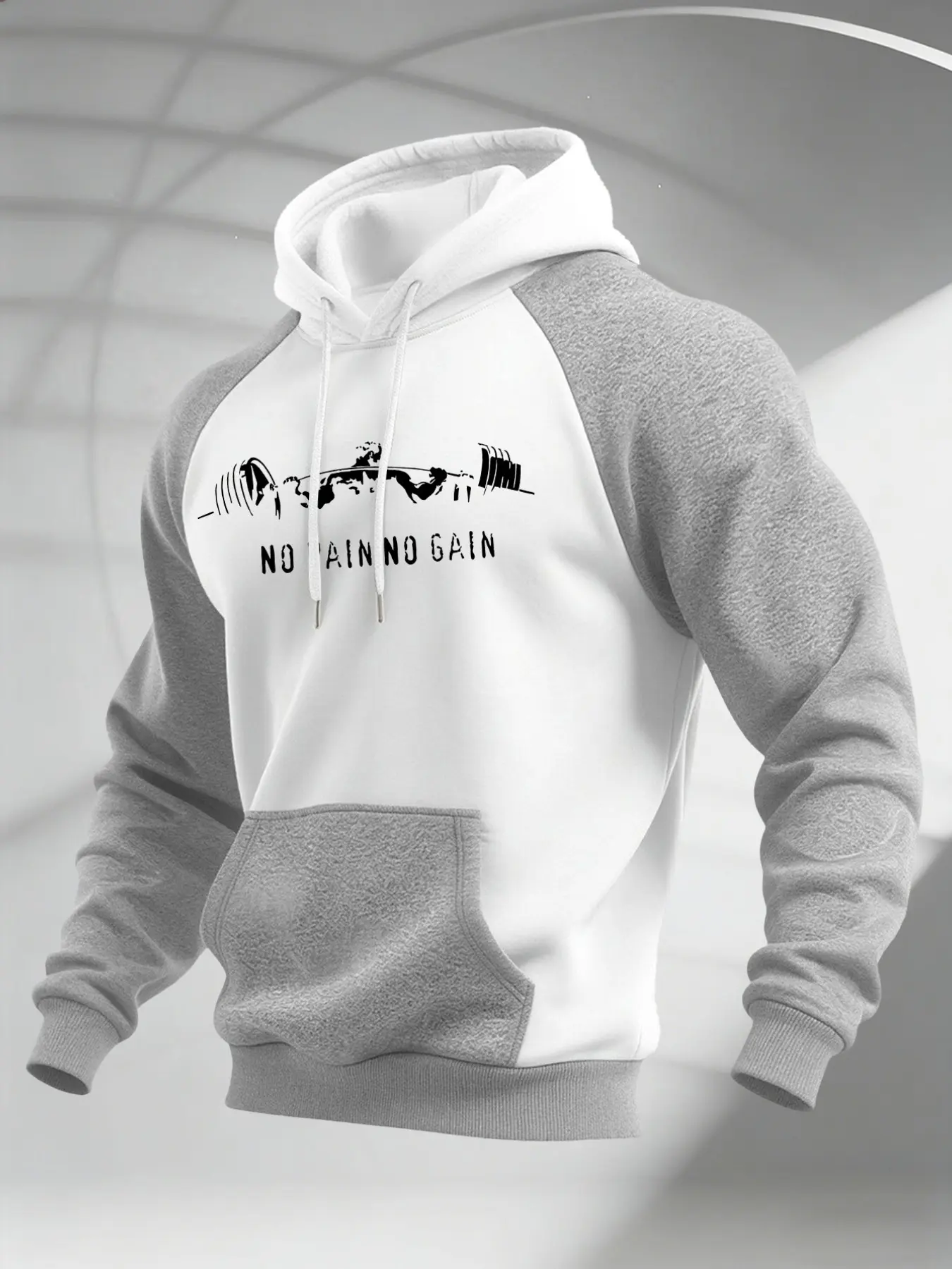 Men Raglan Sleeve Pullover Hoodie, Barbell Muscle Silhouette NO PAIN NO GAIN Slogan Print, Kangaroo Pocket Drawstring Soft Fleece Gym Training Casual Sweatshirt #FitnessHoodie #RaglanSweatshirt #GymSloganTop