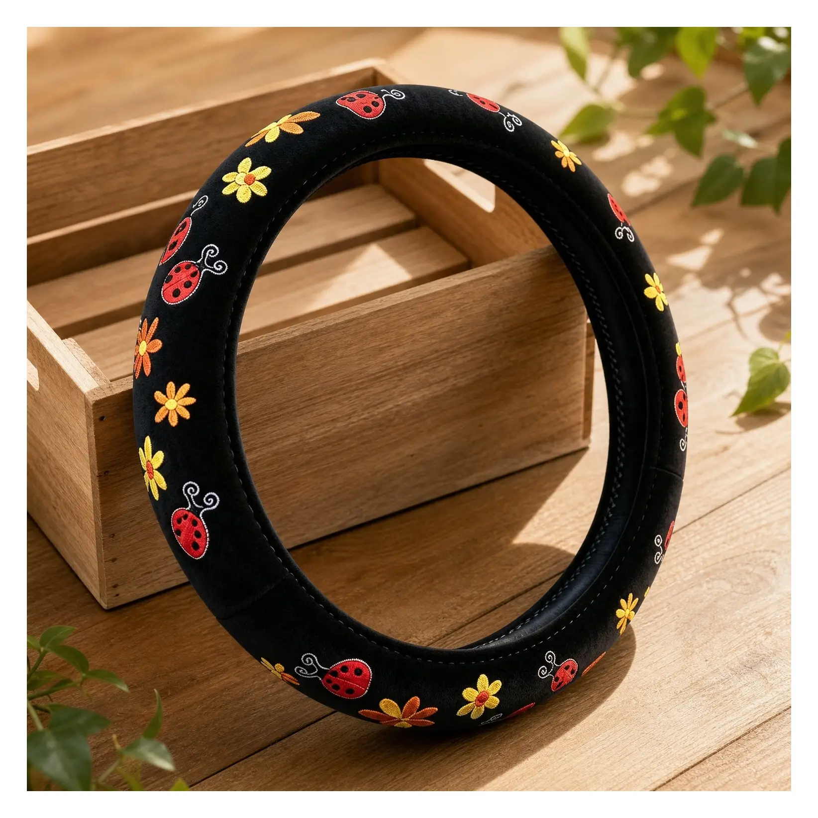 Cute Car Steering Wheel Cover with Embroidery Ladybug Pattern, Soft Short Flannel, Universal 15 Inch, Car Interior Decor, Great Gift for Women and GirlsGift