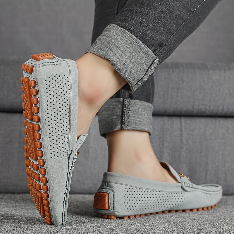 [Navy Blue Loafers] Breathable Men's Navy Blue Slip-On Loafers |         Casual Summer Driving Shoes, Large Size, Contrast Stitching |         Ventilated Comfort, Perforated Design & Brown Accents