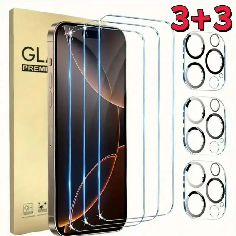 6-piece set (3+3 pieces included), compatible with iPhone 11/12/13/14/15/16/17 Pro/Pro Max and Plus models. It includes full-coverage tempered glass films for both screen and camera lens, featuring upgraded 9H hardness and reinforced edge protection,