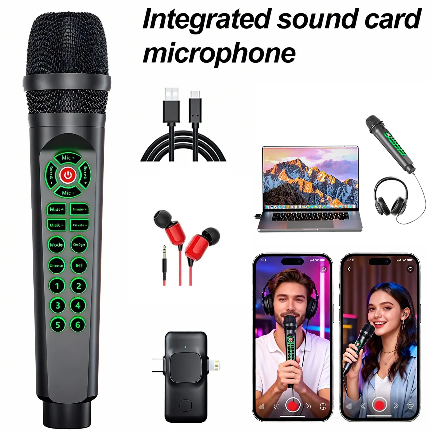 Integrated Sound Card Microphone Combo Live Streaming Device, Multi-Function Voice Changer Mixer Controller, Ambient Lights, Phone Laptop Compatible