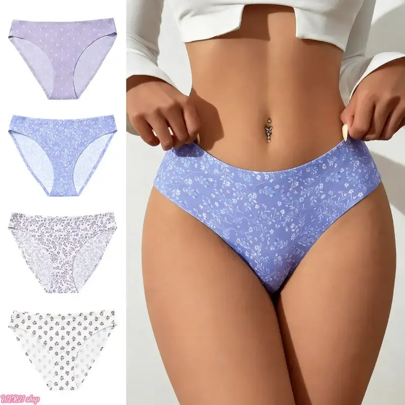 [SummerWins]Women Low Rise Seamless Ice Silk Bikini Panties, Printed Quick Dry Breathable Soft Intimate Underwear