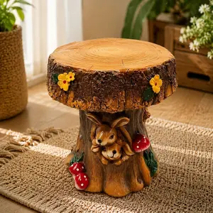 12.6" Resin Rabbit Accent Chair - Art Deco Forest Theme Tree Stump Round Stool, Sturdy Indoor Outdoor Benches for Backyard, Patio
