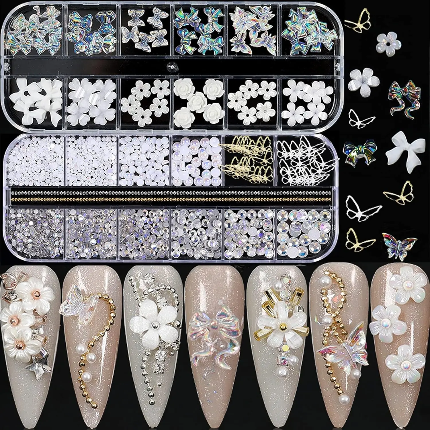 1 Set Acrylic Butterfly Flower Bear Nail Art Pendant Art, Multi-shape Pearl Rhinestone Golden Metal Applique Jewelry Accessories Production Hand Tools Kits