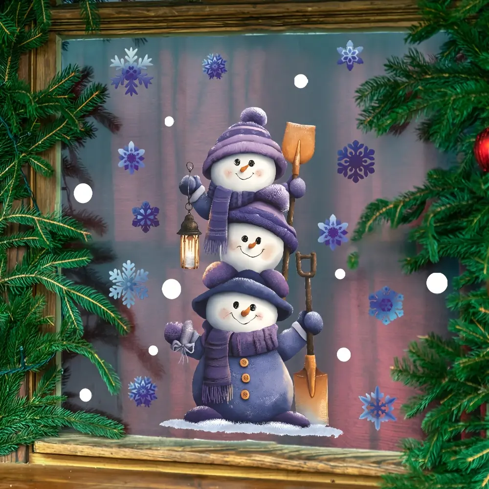 2D flat purple snowman window sticker - electrostatic sticker with snowflake pattern, removable PVC sticker, used for Christmas home decoration, 30x60 cm/11.8x23.6 inches