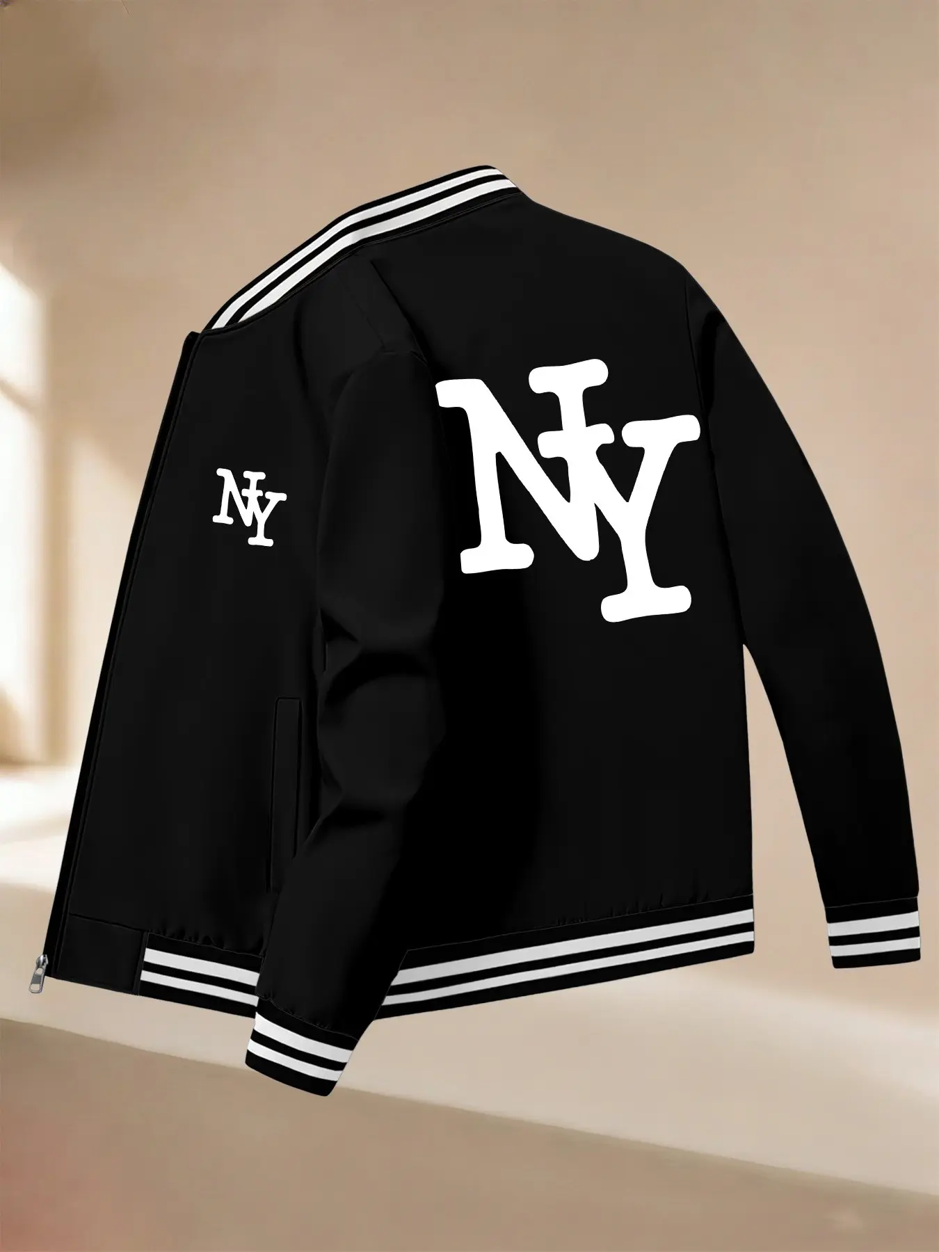 Men's Sporty Fall Winter Jacket, Geometric Print, Casual Business Youth Jacket, Baseball Style Stand Collar, Versatile Ribbed Jacket
