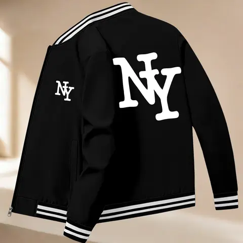Men's Sporty Fall Winter Jacket, Geometric Print, Casual Business Youth Jacket, Baseball Style Stand Collar, Versatile Ribbed Jacket