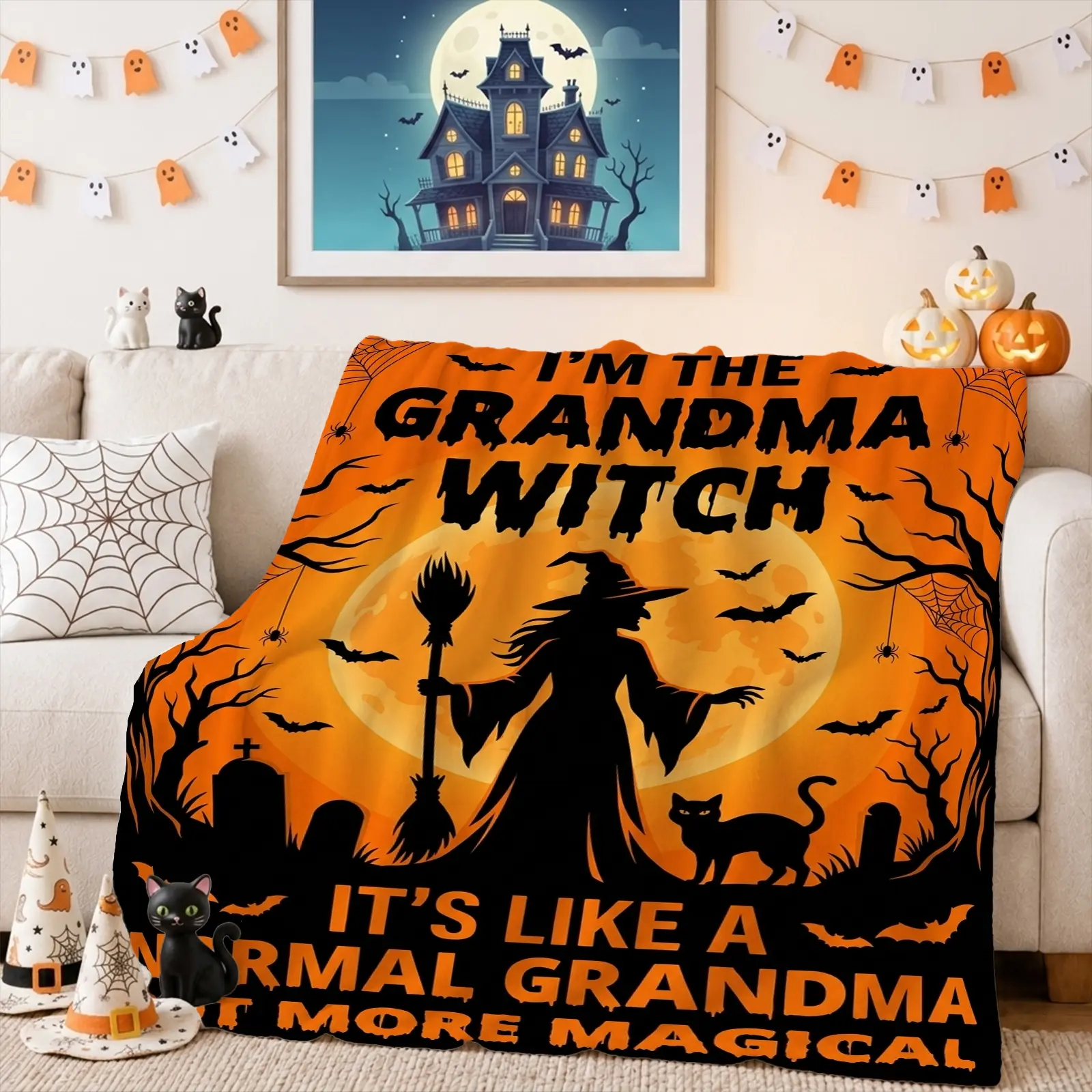 1pc Grandma Witch Blanket, Whimsical Halloween Style, Bold Typography Design with Magical Elements and Spooky Graphics, for Living Room Halloween Decor and Gift for Grandma